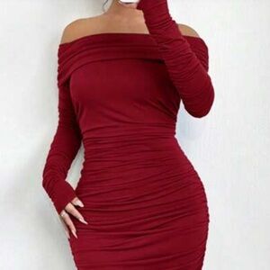 Elegant Off-Shoulder Burgundy bodycon mesh Dress size L